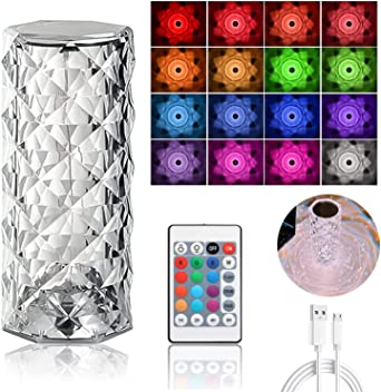 16-Color Diamond Rose Crystal Touch Lamp – USB Rechargeable Acrylic Table Lamp with Remote Control