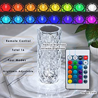 16-Color Diamond Rose Crystal Touch Lamp – USB Rechargeable Acrylic Table Lamp with Remote Control