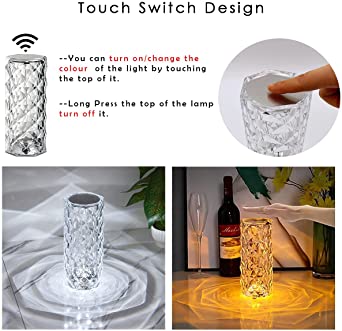 16-Color Diamond Rose Crystal Touch Lamp – USB Rechargeable Acrylic Table Lamp with Remote Control