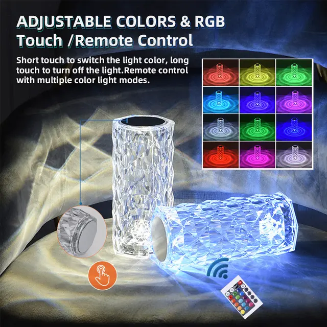 16-Color Diamond Rose Crystal Touch Lamp – USB Rechargeable Acrylic Table Lamp with Remote Control