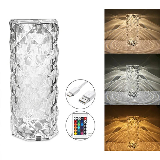 16-Color Diamond Rose Crystal Touch Lamp – USB Rechargeable Acrylic Table Lamp with Remote Control