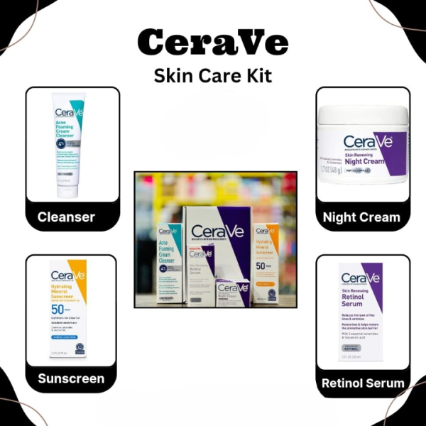 CeraVe 4-in-1 Skincare Kit – Cleanser, Serum, Night Cream & Sunblock for Radiant, Healthy Skin